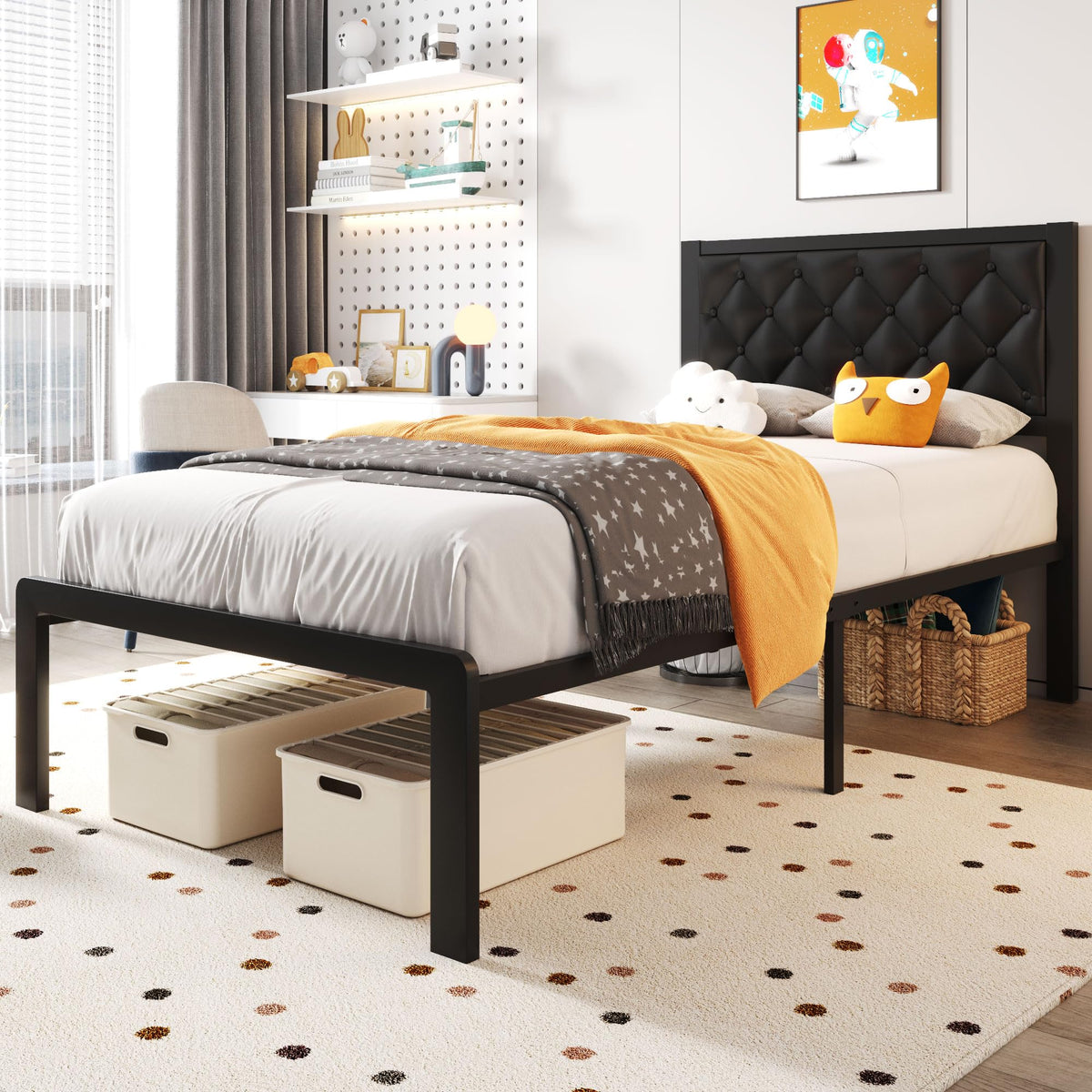 Black PU Leather Upholstered Twin Bed Frame with Headboard R197