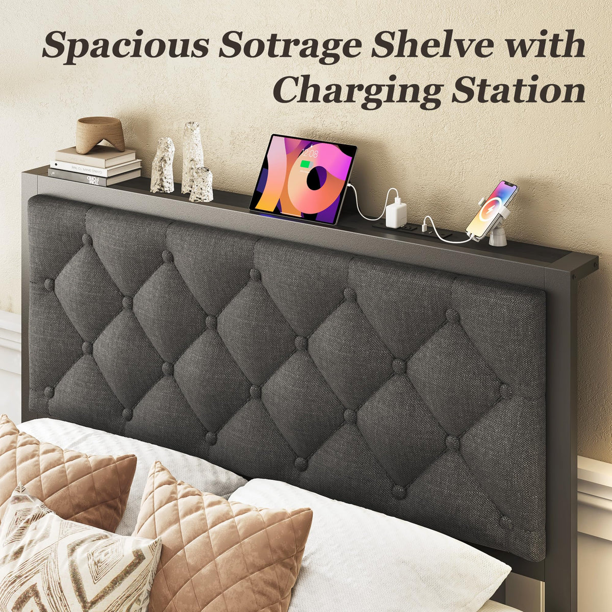 Grey Twin Bed Frame with Storage Drawer Q632551