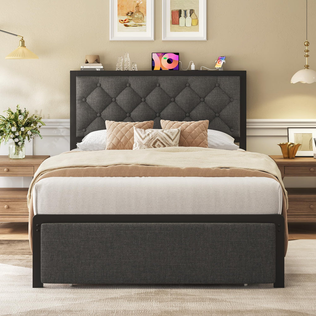 Grey Twin Bed Frame with Storage Drawer Q632551