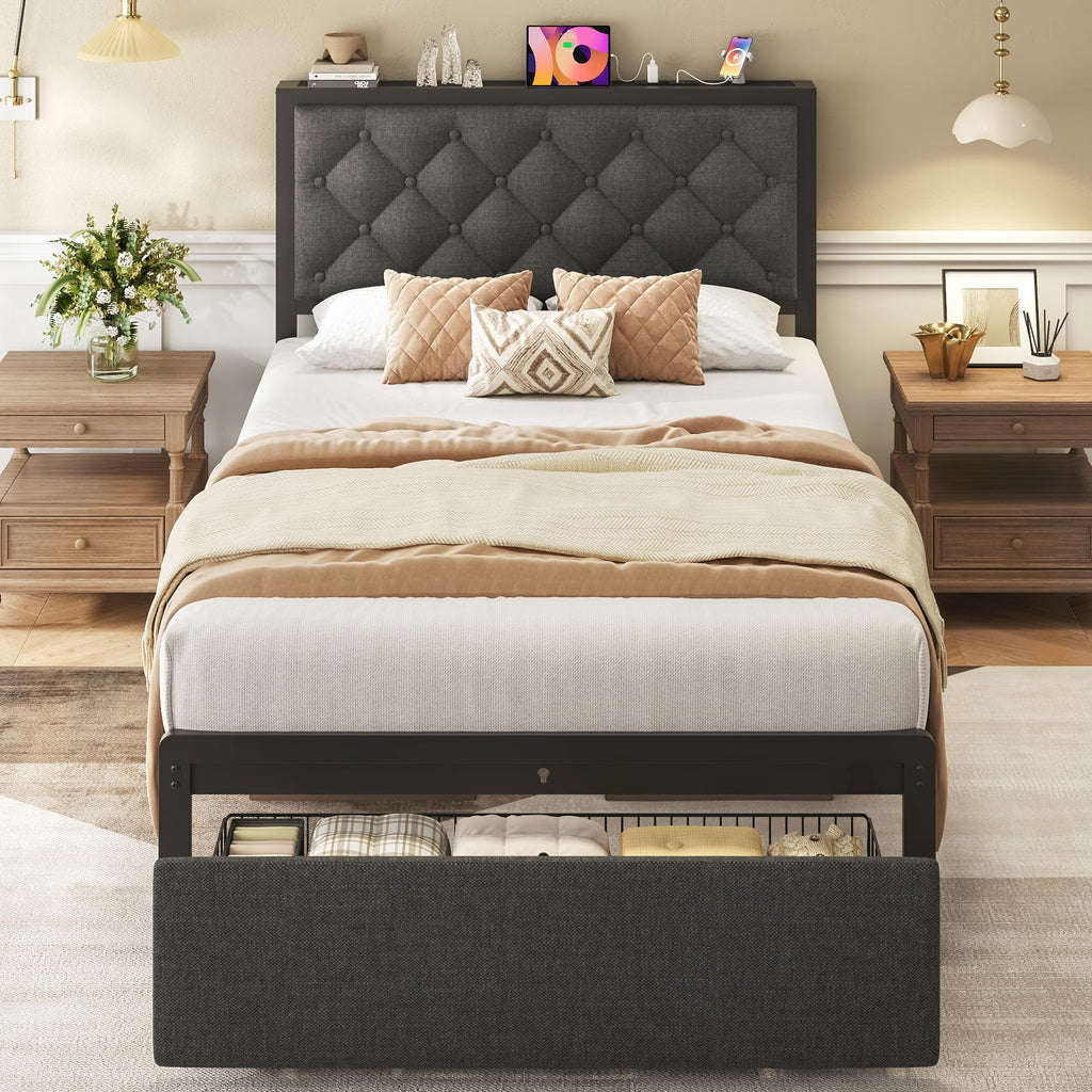 Grey Twin Bed Frame with Storage Drawer Q632551