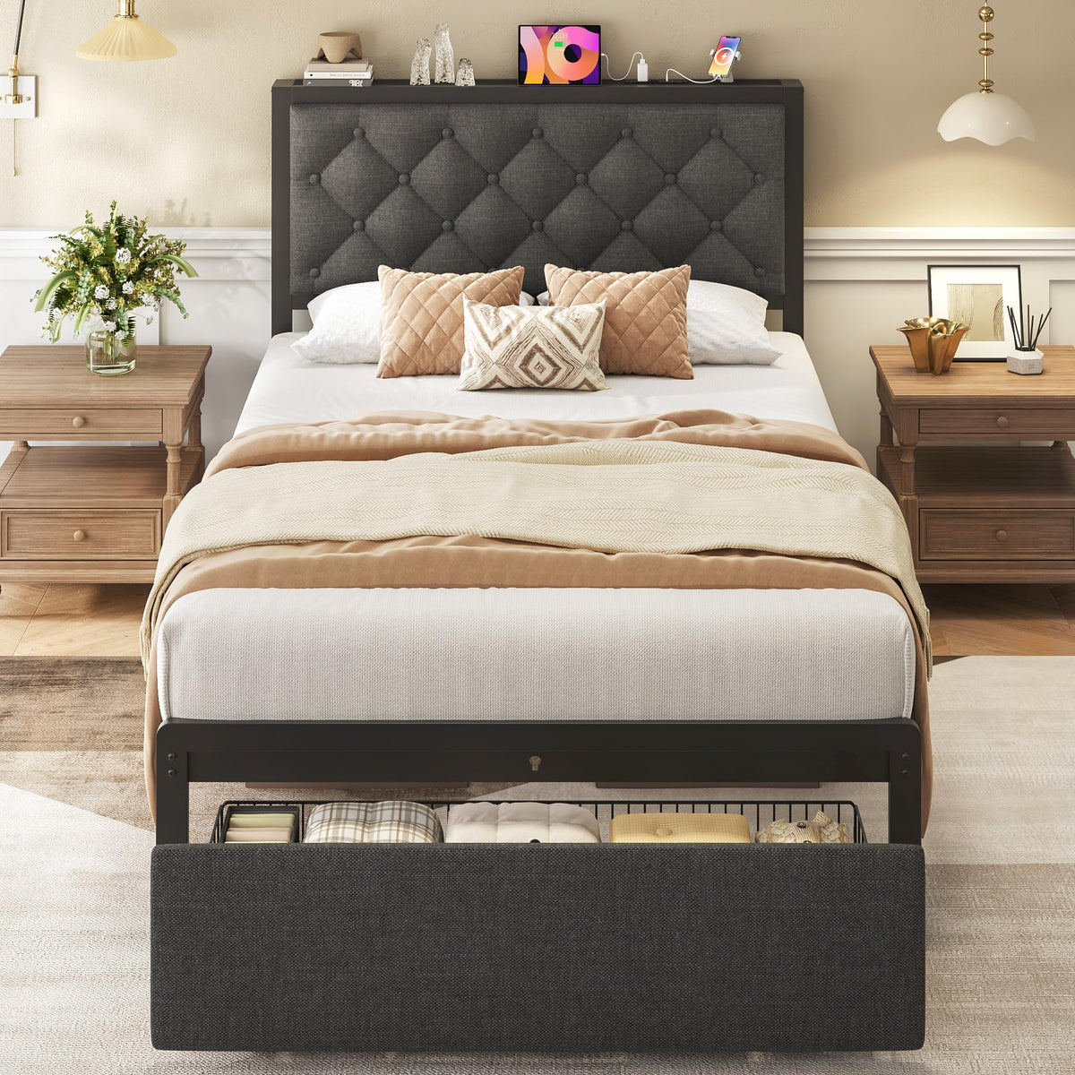 Grey Twin Bed Frame with Storage Drawer Q632551